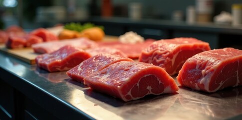 Gleaming stainless steel table displays various fresh meat cuts under analysis , examination, chicken, food science