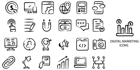 Digital marketing simple concept 24 hand drawn icons set. Contains such business, insurance, finance, social icons. Vector illustration.