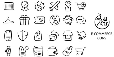 Set of 24 hand drawn outline E-commerce icons. Include Shopping, store, purchase, marketing, delivery icons. Vector illustration.