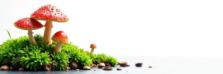 Obraz premium Lush green moss and vibrant mushrooms, isolated on pure white background , moss, vibrant