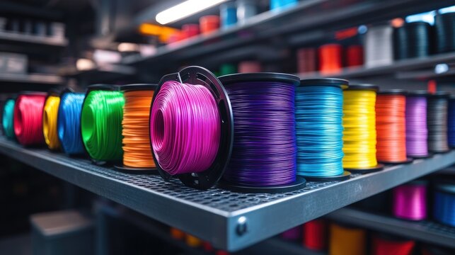Colorful spools of string neatly organized on metal shelves