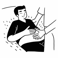 Adult man touching his belly with relieved expression