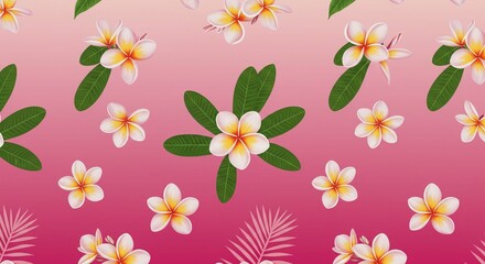Vibrant Pink Gradient Background with Plumeria Flowers and Tropical Leaves Seamless Pattern