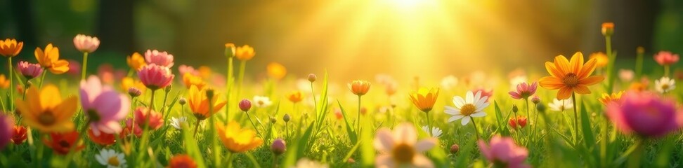 Fototapeta premium Sunlit meadow ablaze with colorful spring blooms , buttercups, spring
