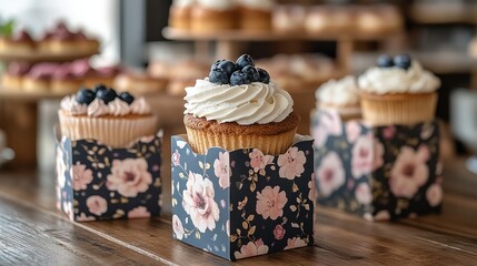 Delicate cupcakes in floral boxes