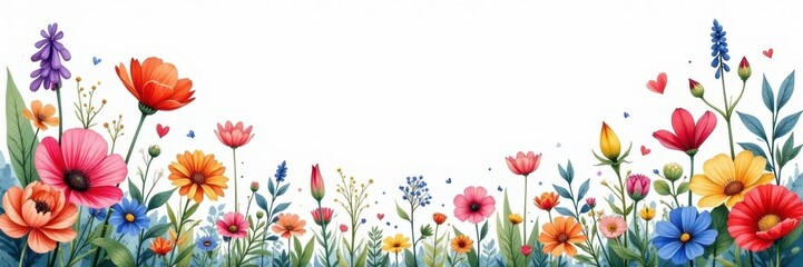 Vibrant wildflowers watercolor border, botanical sketch , texture, field