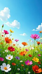 Fototapeta premium Vibrant wildflowers bloom under a brilliant blue sky, a summer meadow scene , colorful, field