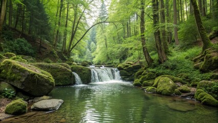 Obraz premium Serene forest scene with a tranquil waterfall and lush greenery.