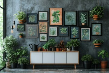 Stylish interior design with botanical prints and potted plants.