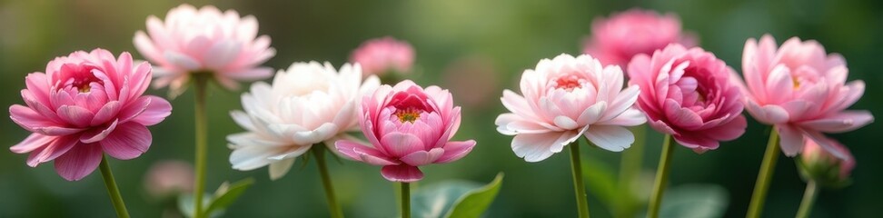 Fototapeta premium Delicate pink & white ranunculus blossoms, lush petals, green stems , floral design, flower arrangement