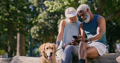 Mature couple, dog and park with phone and web scroll with social media and pet outdoor. Morning,...