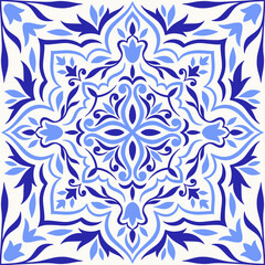Mediterranean tile, blue seamless pattern. Spanish, Portuguese, or Moroccan traditional ornament. Mosaic floral design with leaves, ethnic motifs for ceramic. Vector illustration