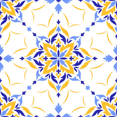 Mediterranean seamless pattern of blue yellow tiles, white background. Ethnic mosaic design. Portuguese, Italian, Spanish motifs. Floral ornament for home textile or ceramic. Vector illustration