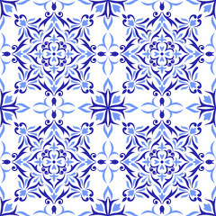 Mediterranean blue and white seamless pattern. Ethnic mosaic design. Portuguese, Italian, Spanish motifs. Floral ornament, graphic print for home textile or ceramic tile. Vector illustration