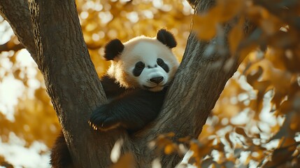 Panda bear sleeping on a tree branch in the forest at sunset