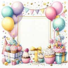 Watercolor birthday frame with cupcakes and balloons  