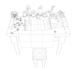 Obraz premium A table with a stool and a bunch of items on it. The table is covered with various items such as a vase, a book, a candle, and a flower. The scene appears to be a creative workspace or a crafting area