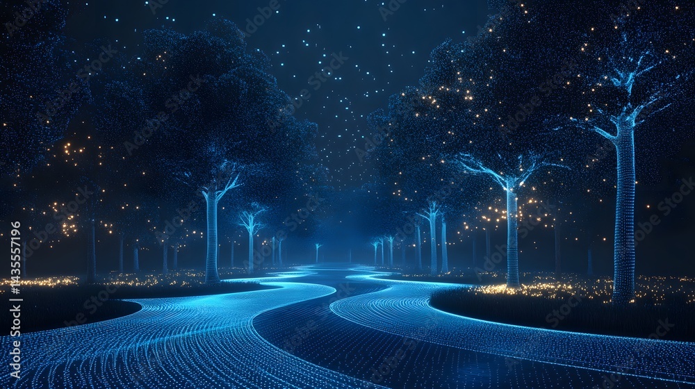 Poster a futuristic landscape glows at night, featuring a winding path of blue dots guiding through dotted 