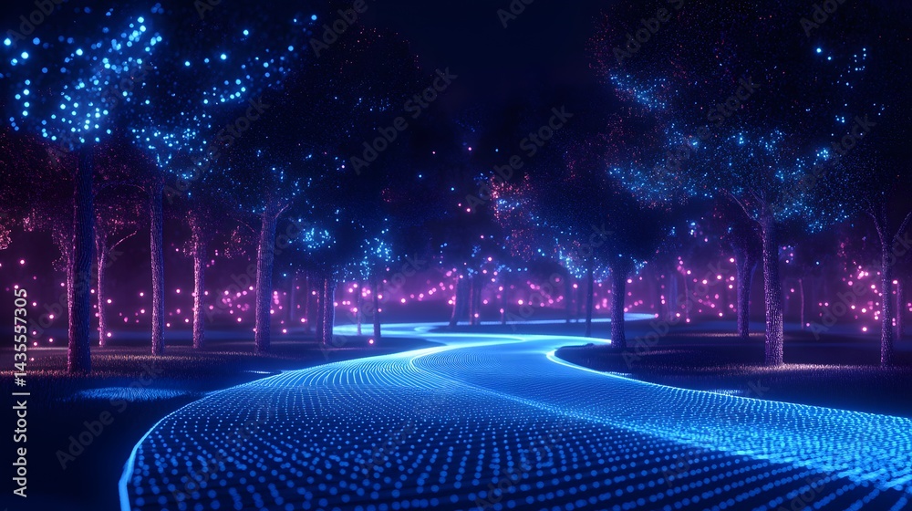 Poster step into an ethereal forest. glowing paths invite exploration amid magical trees, bathed in vibrant