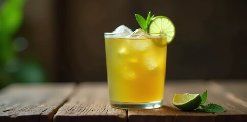 Iced matcha tea with lime slice, rustic wooden setting, rustic, photography