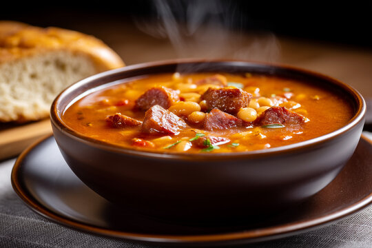 Steaming Pasulj Serbian Bean Stew with Smoked Sausage in Rustic Ceramic Bowl &ndash; Traditional Balkan Comfort Food