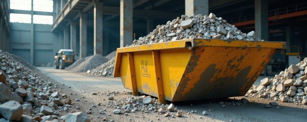 Large industrial skip filled with construction rubble, transport, demolition