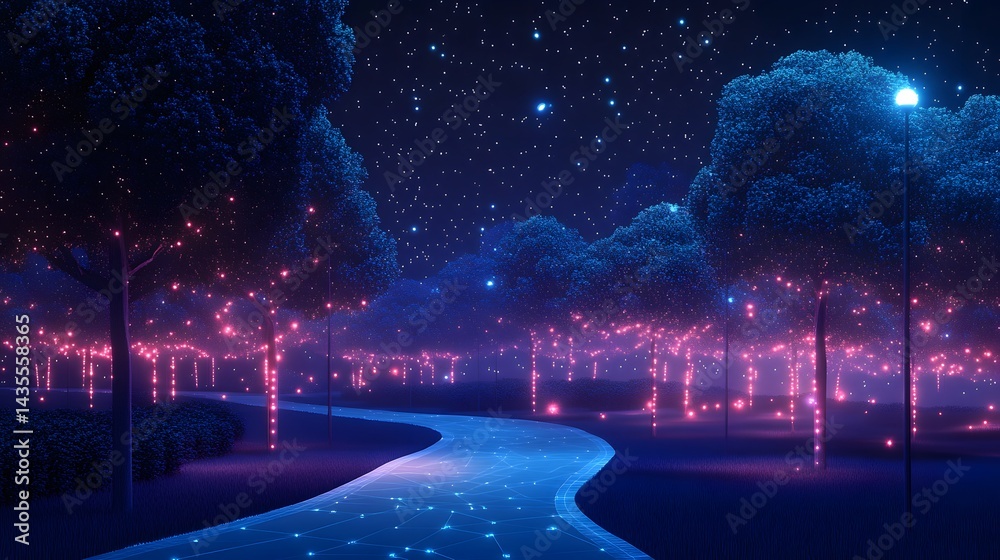 Poster enchanting nighttime park scene. a glowing blue pathway winds through trees illuminated by pink ligh