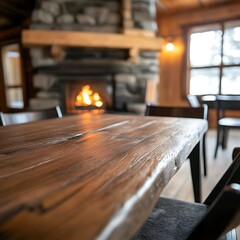Rustic Wooden Table in Cozy Cabin Interior with Warm Lighting and Stone Fireplace