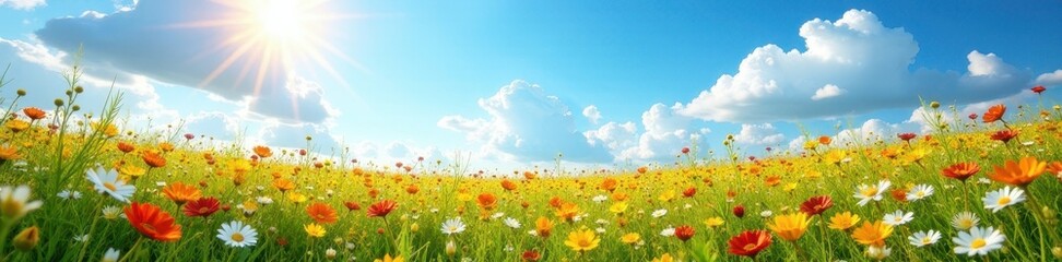 Fototapeta premium Sun-drenched wildflowers carpet a vast meadow, azure sky above, beauty, countryside, day