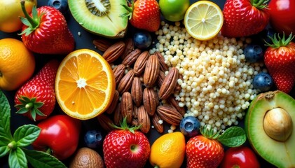 Vibrant gluten-free fruits, veggies, quinoa & nuts , texture, sweet potato