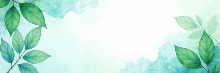 Fototapeta premium Watercolor leaves, green blue wash, wedding stationery, floral, summer, rsvp