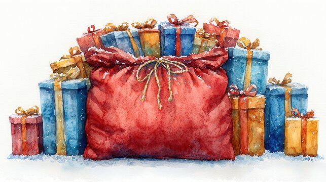 Colorful gift boxes and a large red sack filled with presents in a festive setting