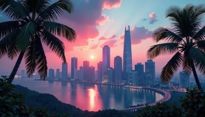 Obraz premium Dramatic LA cityscape, palm fronds frame skyscrapers, illustration, la