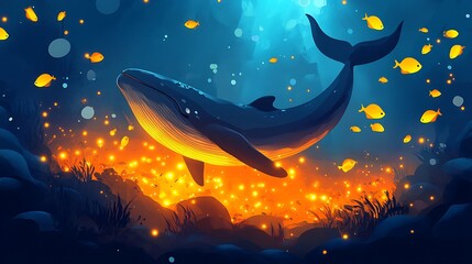 Whale with ocean, bioluminescence, and deep sea.