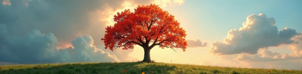 Naklejka premium Single tree, year-long seasonal transformation, rural, vibrant