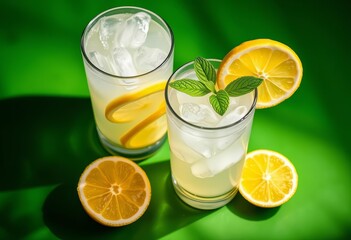 Fototapeta premium Iced lemonade with mint and lemon, hard shadows on green background, ice, shadow