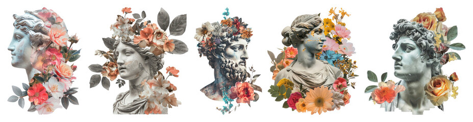PNG Classical busts adorned flowers, element set on transparent background