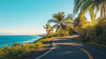 Scenic coastal road curving through lush palm trees at sunset warm golden light ocean view