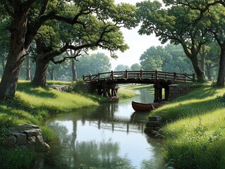 Idyllic waterside scene with bridge and boat