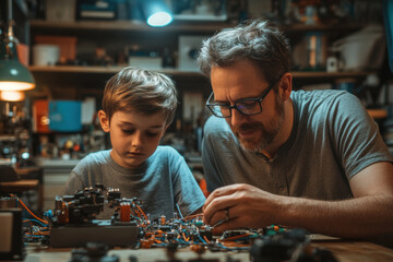 Father and son meticulously assembling a robot in a cluttered workshop filled with tools and electronic components.