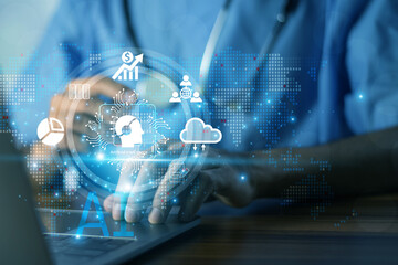 Doctor uses AI-enabled cloud computing and data analytics on a laptop to accelerate digital health solutions, improve patient care, and support telemedicine services