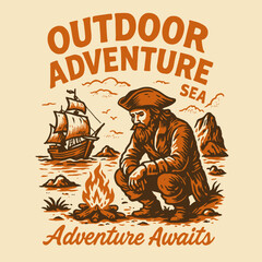 Pirate at Campfire Watching Ship Coastal Scene Adventure Illustration
