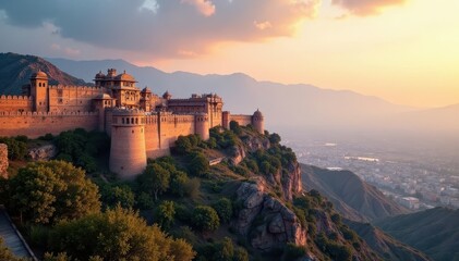 Obraz premium Jaipur skyline; majestic forts, palaces, mountains, graphic, sketch, artwork