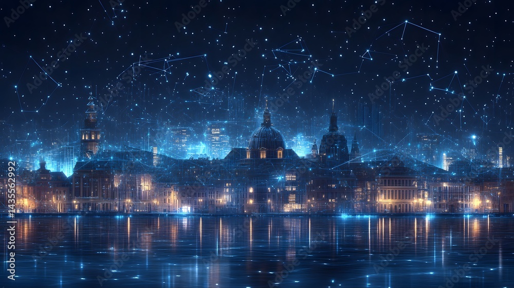 Poster a vibrant cityscape shines with blue and yellow lights, reflected in the water. domes and a tower pu