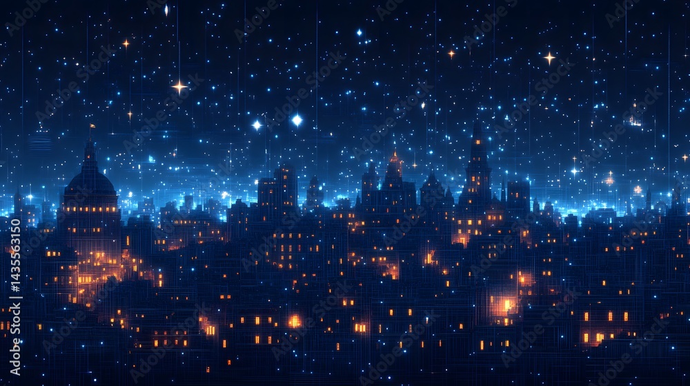Aufkleber night cityscape glows with orange lights under a star-filled sky. a blue digital grid overlays the s