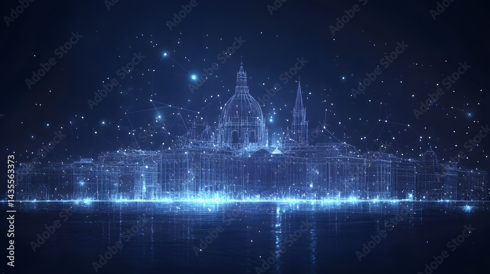 Aufkleber futuristic city skyline rendered in abstract wireframe. dominant buildings feature a dome and spire,