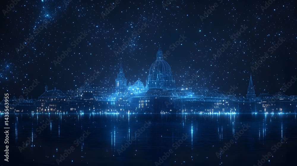 Poster futuristic cityscape at night in blue hues. reflecting buildings, starry sky, ethereal lights create