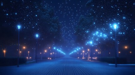 Night park pathway glows blue, trees' branches connect with digital dots, mixing nature and technology under streetlights. Serene, futuristic scene. Abstract wireframe in dark blue