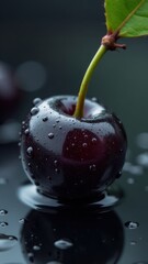 A close-up of a fresh, dark cherry with water droplets and a green stem, set against a glossy black surface