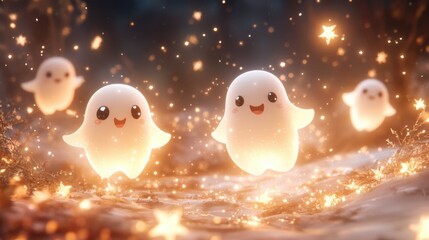 A group of cute white spirits floating gracefully in the air, surrounded by soft, glowing pastel stars 